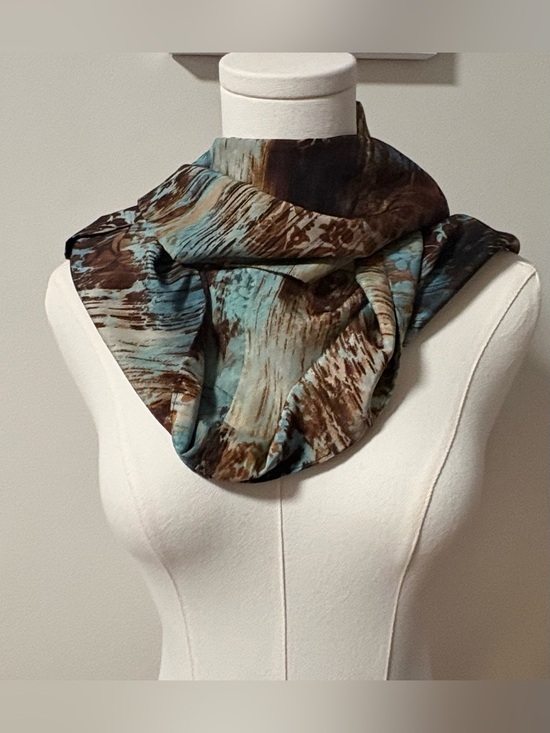 Accessories - Infinity scarf silky splatter print blue tones and brown artsy boho festival